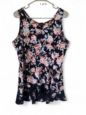 Floral Sleeveless Ruffle-Hem Top - Black with Pink Floral